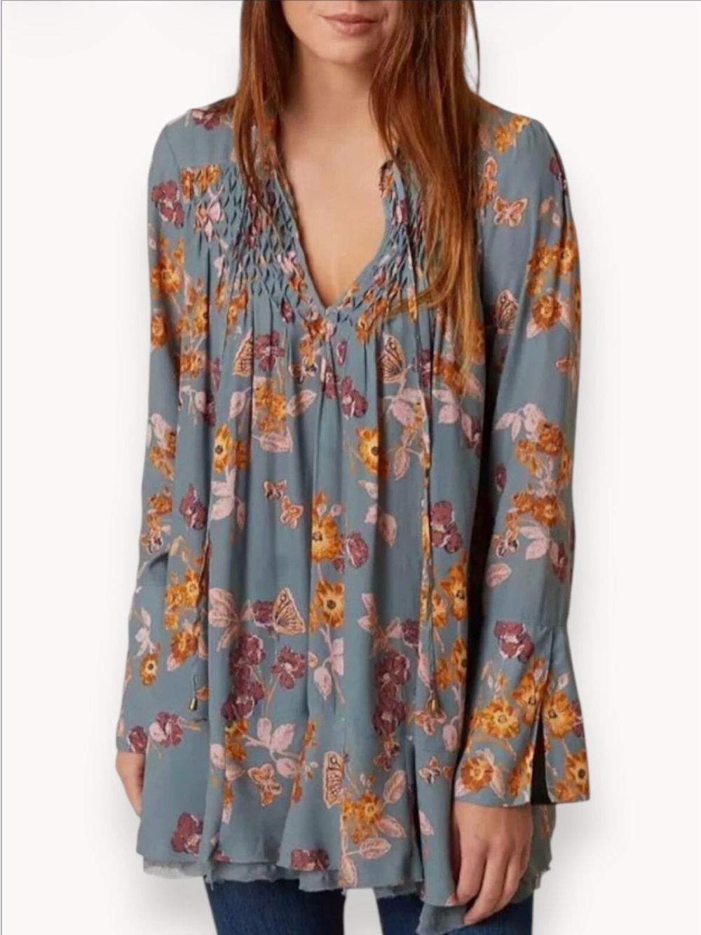 Free People Floral Smocked V-Neck Tunic Top - Slate Blue